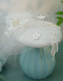 White Handmade Flowers Satin Birdcage Veil Wedding Vintage Hat with Pearls