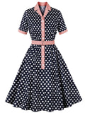 1950S Turndown Collar Polka Dots Short Sleeve Vintage Dress