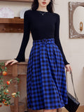 2 Piece Black Crew Neck Sweater and Blue Plaid Swing Skirt Set