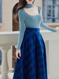 2 Piece Lake Blue Hollow Out Mock Neck Sweater and Blue Plaid Swing Skirt Set