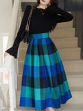 2 Piece Black Crew Neck Bell Sleeves Sweater and Blue Plaid Swing Skirt Set